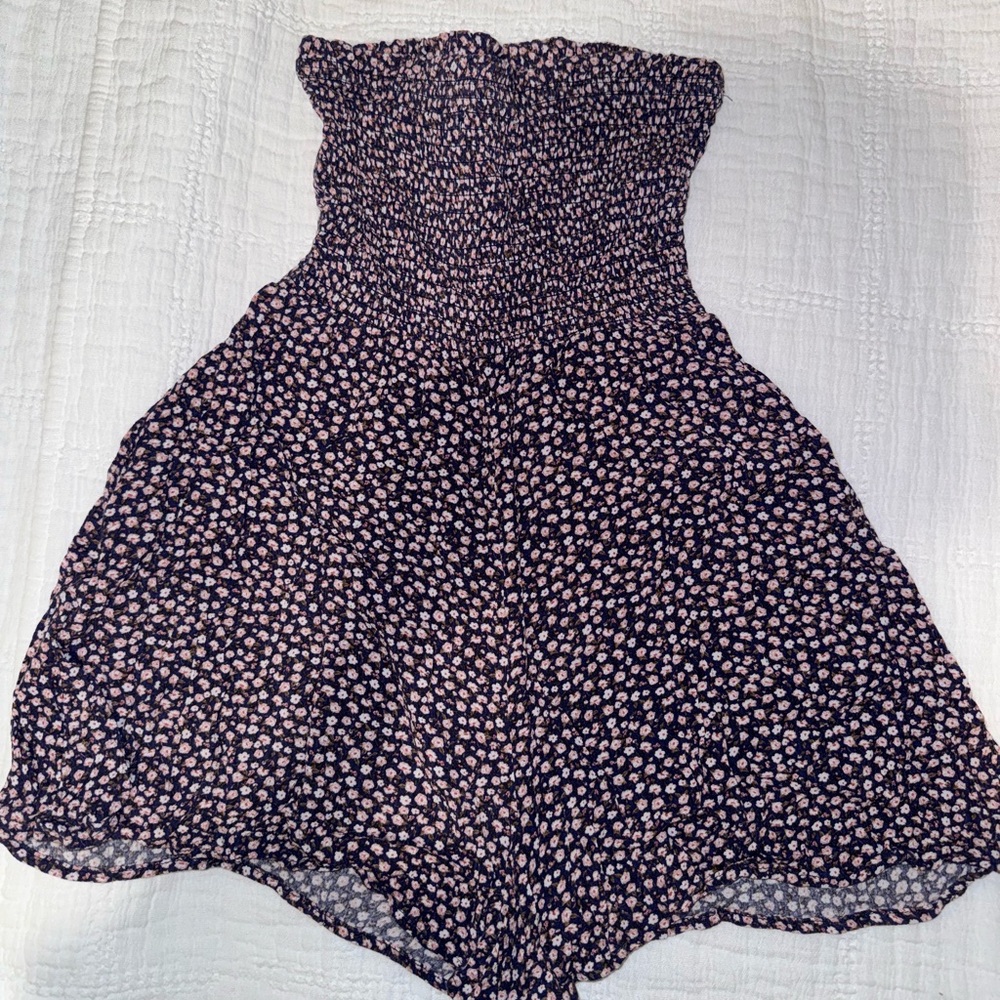 Strapless Navy Blue and Pink Floral Romper With Pockets